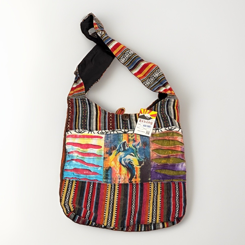Rising International Cotton Hobo Bag Made In Nepal NWT Rainbow Colors Prints